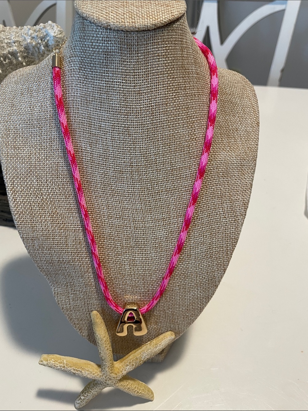 Pink Braided Cord Necklace with Gold 'A' Pendant